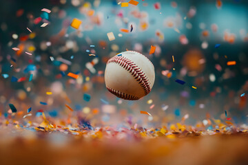 Baseball on a dirt field surrounded by celebratory confetti in a stadium