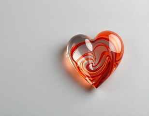 Abstract Glass heart shape full of vibrant swirls of orange, red, and silver colors on gray background. Minimalistic Style Valentine's day card, fragility of love concept ,liebe