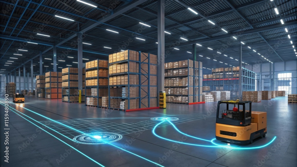 Poster automated guided vehicle, or agv, transporting goods in a smart automated warehouse using digital tw