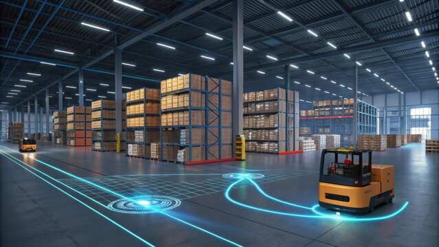 Automated guided vehicle, or agv, transporting goods in a smart automated warehouse using digital twin technology, optimizing logistics and improving efficiency