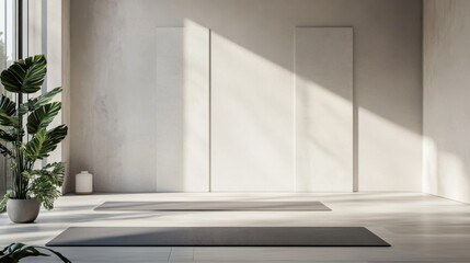Contemporary minimalist yoga studio with minimal equipment. Featuring a clean, open design with modern lines