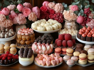 Assorted pastries and sweets displayed on tiered stands with flowers.