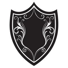 A black and white shield with ornate design 
