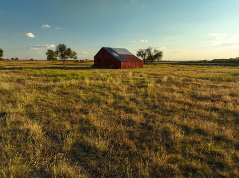 Texas flag painted barn in a field during golden hour