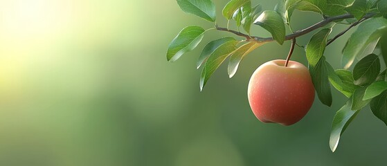Ripe red apple hanging from a tree branch in a sunlit orchard.