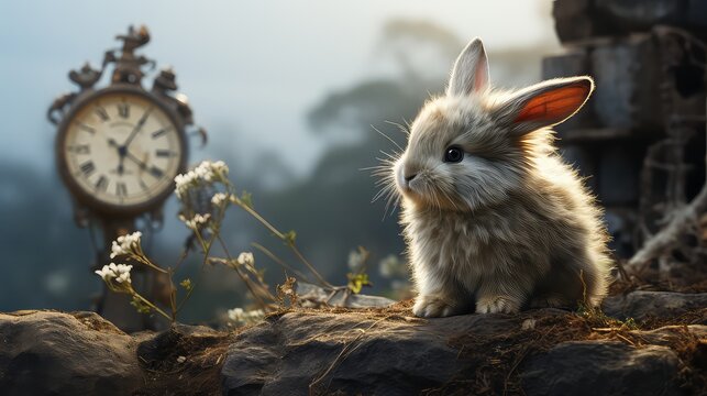 Adorable Fluffy Bunny Rabbit Near Vintage Clock, Magical Forest