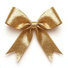 Shiny golden gift bow with textured ribbon loops on a white background. 
