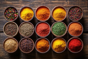 Assortment of colorful spices in wooden bowls on a rustic wooden background.