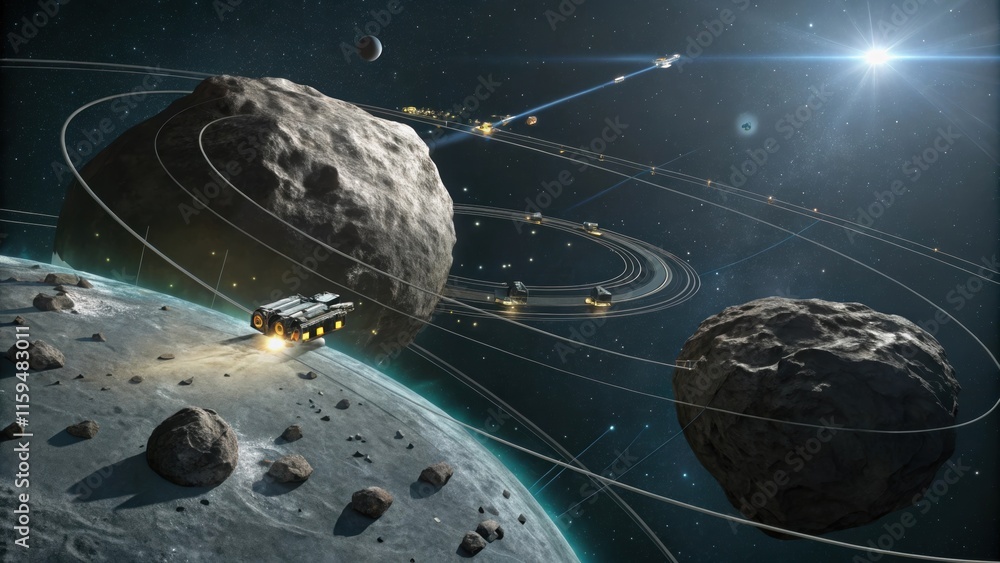 Poster futuristic mining fleet is orbiting a distant ringed planet, extracting resources from asteroids and