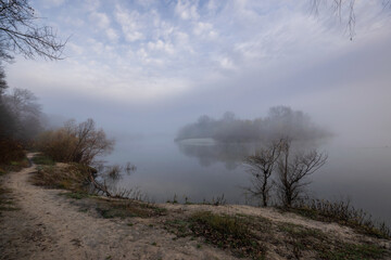 misty morning in the forest and river