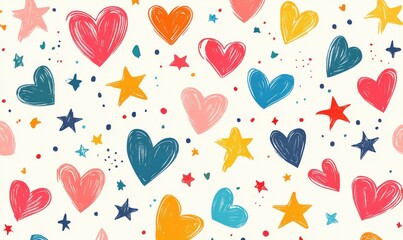 Colorful hand-drawn hearts and stars pattern with playful abstract design