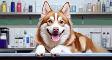 A happy dog at a grooming salon, showcasing cleanliness and care.