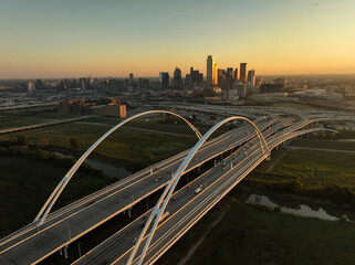 Downtown skyline and bridge of Dallas, Texas USA during sunrise