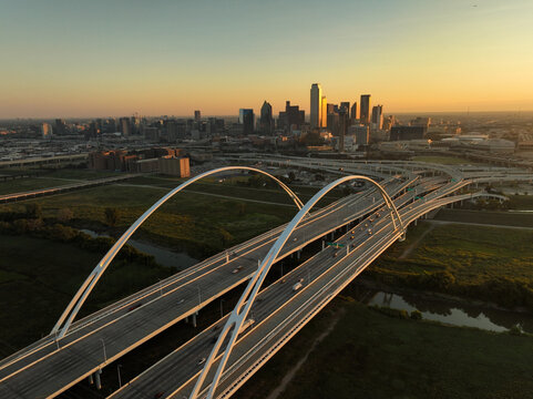 Downtown skyline and bridge of Dallas, Texas USA during sunrise