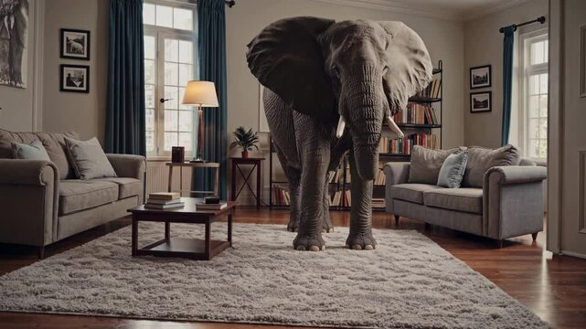 Elephant in the living room, huge animal standing in the room