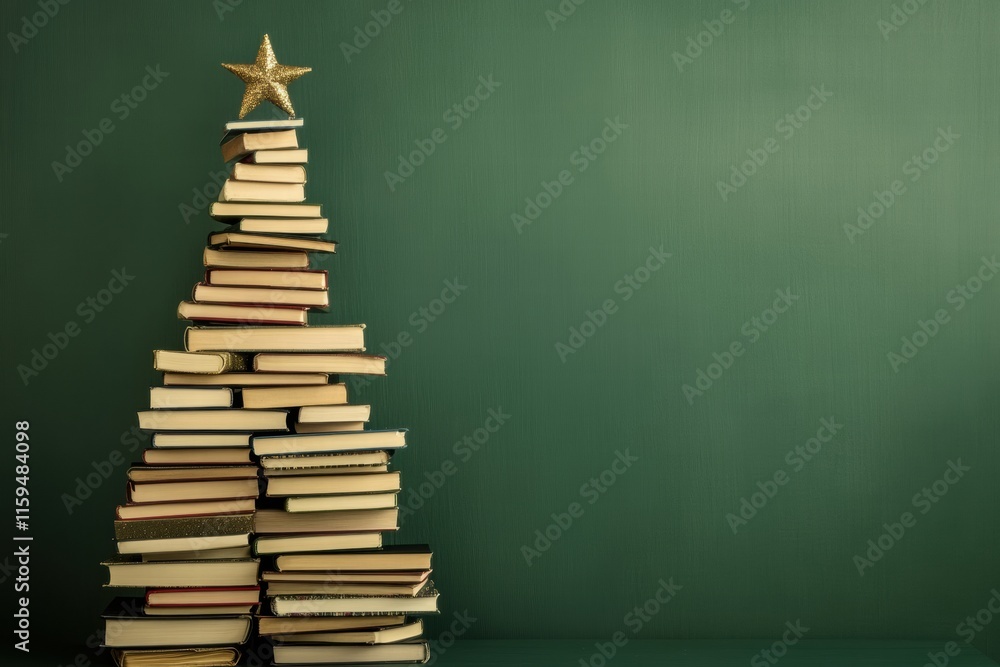 Poster creative christmas tree composed of stacked books on a green background for a unique holiday decor i