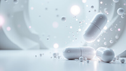Magnesium supplements floating in airy space with particles.