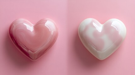 Fototapeta premium two 3D pink porcelain hearts side by side, on a pink monochrome background, free space for text, top view