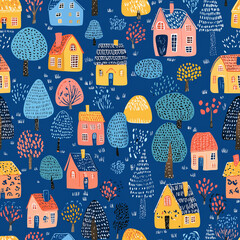 Colorful whimsical houses and trees on a blue background create a charming, playful pattern.