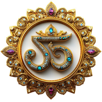 Indian Hinduism religious symbol golden text Om, aum, or oim meaning adoration to Hindu god, decorated with emerald, sapphire, ruby, jewels, ornate, gold thread, cutout in transparent background, png