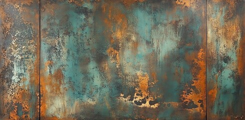 Rusted metal texture with patina, featuring brown and teal colors.