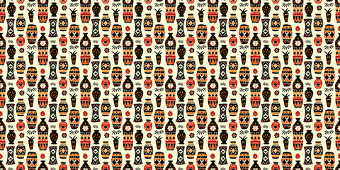 Abstract African art shapes seamless backgrounds, tribal geometric decoration patterns. Colored flat boho symbols illustrations