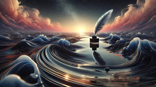  An ocean made of liquid ink, with a writer’s quill drifting on the waves. The horizon shows a faint sunrise. The power of imagination and storytelling to shape the world.