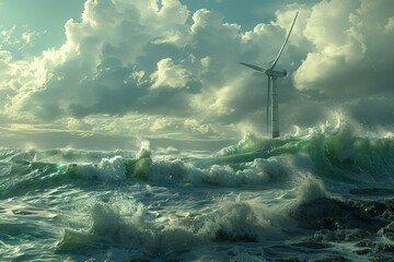 A dramatic scene of an offshore wind turbine rising above turbulent ocean waves under a cloudy sky, symbolizing renewable energy and sustainable power amidst nature forces.