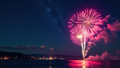 Fireworks light up the night sky with colorful explosions , new year, vibrant colors