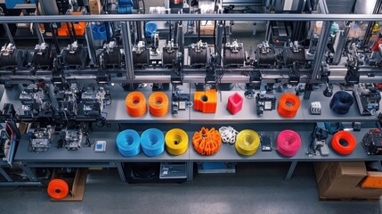 An overhead shot of a microfactory workspace revealing a grid of workstations equipped with 3D printers each producing unique prototypes amidst a backdrop of colorful filament spools.