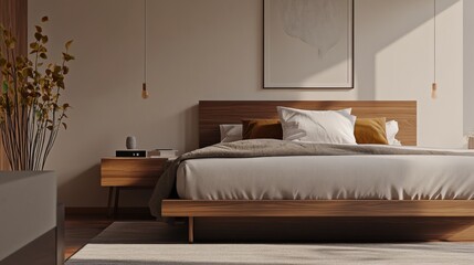 Elegant minimalist bedroom with minimal decor. Featuring clean lines and a restful environment