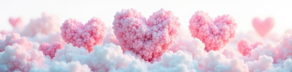Fototapeta premium Heart-shaped clouds in soft pastel colors floating against a white background, dreamy, heart shapes, pastel colors