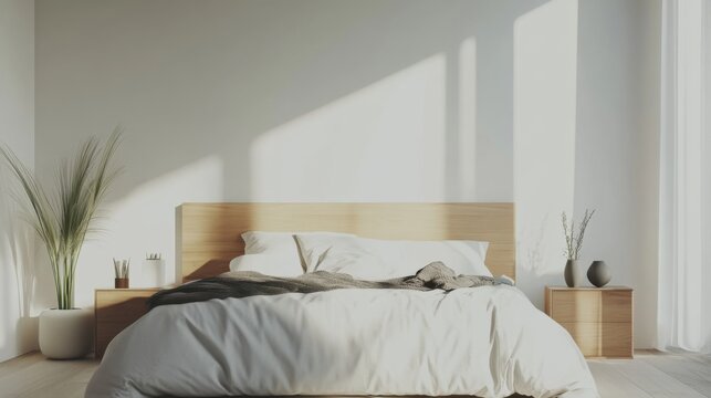 Elegant minimalist bedroom with minimal decor. Featuring clean lines and a tranquil design