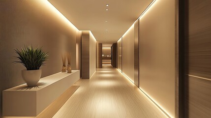Illuminated Corridor: Modern Interior Design with Warm Lighting