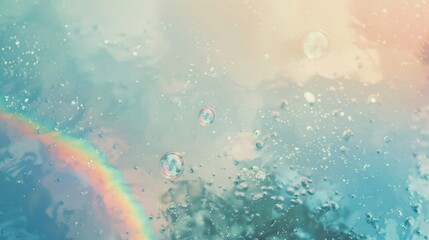 A rainbow is reflected in the water, with bubbles floating around it. The scene is serene and peaceful, with the bubbles adding a playful touch to the water