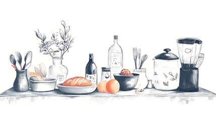 Still life of kitchen utensils, food, and ingredients on a table.
