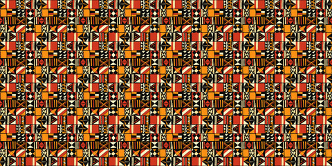 Fototapeta premium Abstract African art shapes seamless backgrounds, tribal geometric decoration patterns. Colored flat boho symbols illustrations