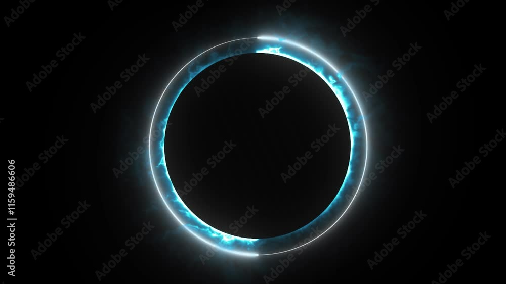 Poster blue neon light trail forming an endless circular pattern, featuring a modern round frame with empty