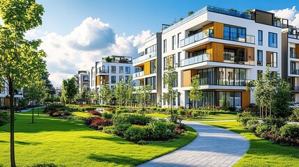 A modern residential complex with several apartment buildings in the park