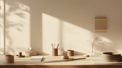 Fototapeta premium Elegant minimalist craft area with minimal supplies. Featuring a clean, open design with sleek lines