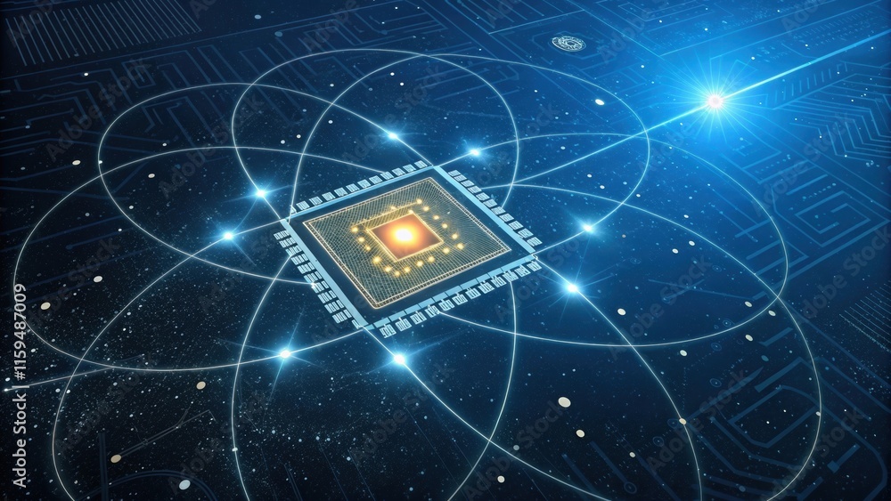 Poster quantum computing processor manages qubits flow within a complex network, representing advanced comp
