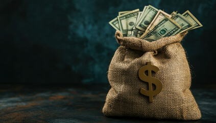 A burlap bag filled with dollar bills sits against a dark background, symbolizing prosperity and wealth. The scene conveys themes of finance and abundance.