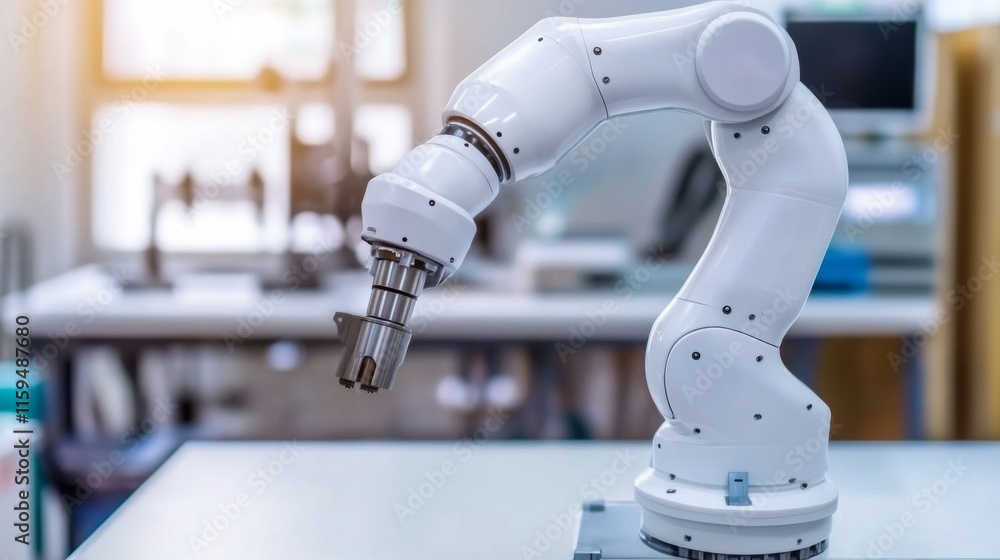 Poster modern robotic arm in engineering workshop setting
