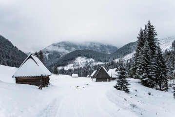 A serene winter scene in the Chocholowska Valley, showcasing traditional highlander huts nestled among snow-covered fields. These rustic shelters, add charm to the tranquil alpine landscape.