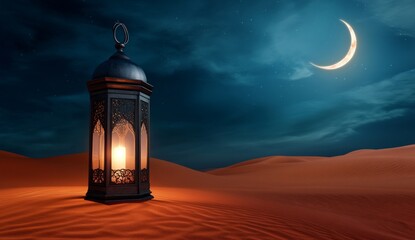Ramadan Lantern Glowing in Desert Dunes with Crescent Moon