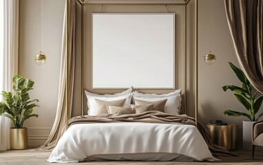 Blank white poster framed in polished brass, displayed with an image of a luxurious bedroom with a four-poster bed, velvet curtains, and elegant lighting fixtures 