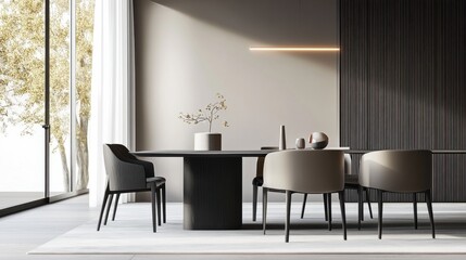 Fototapeta premium Elegant minimalist dining room with minimal decor. Featuring clean lines and a refined design