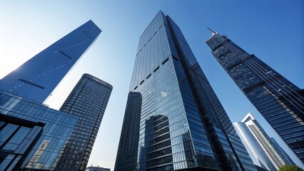 A sleek, glass-fronted skyscraper dominates the urban skyline, reflecting the bustling city life below