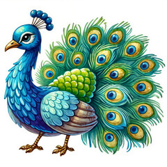 Obraz premium Cute cartoon peacock with feathers on white background. AI