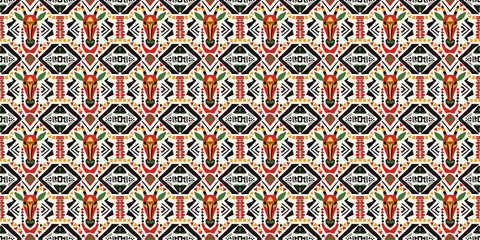 Abstract African art shapes seamless backgrounds, tribal geometric decoration patterns. Colored flat boho symbols illustrations